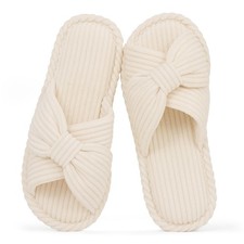 Evshine Fall House Slippers for Women Corduroy Cross Bow Indoor 8-8.5, Beige
