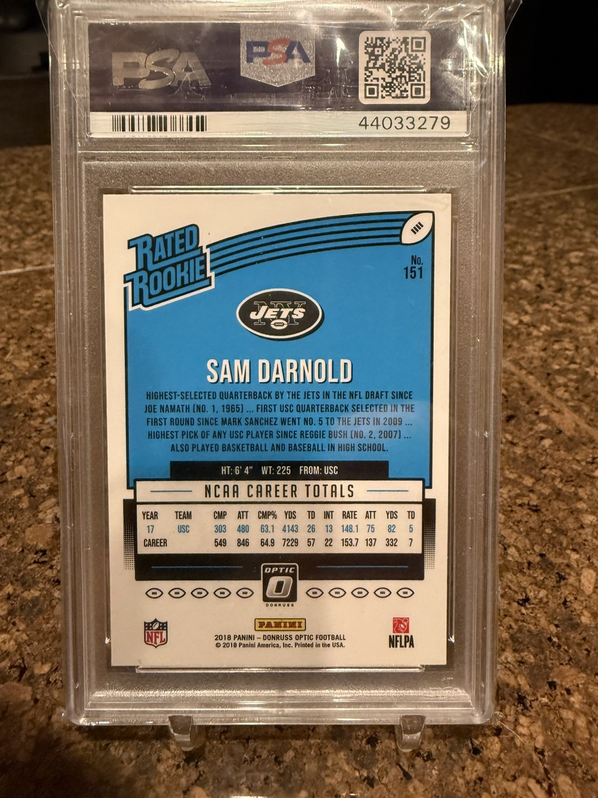 SAM DARNOLD 2018 DONRUSS OPTIC RATED ROOKIE JETS #151 GEM MT RC PSA 10 Q3329