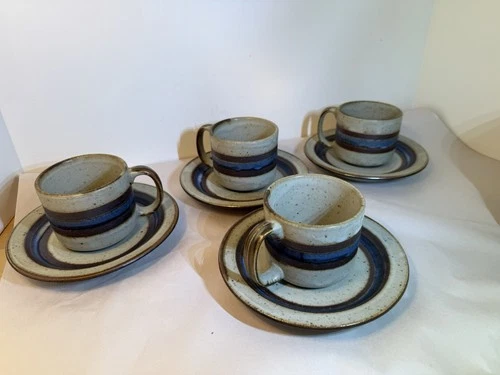 Vintage Otagiri Horizon Japan Stoneware Coffee Mug Set 4 Blue Striped MCM Liners