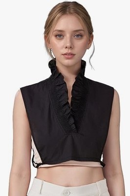 Black Ruffle Collar V Neck Blouse Fake Dickey Dickie Mock Top NEW