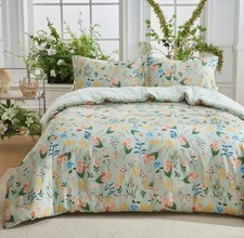King Comforter Set Light Green Floral Bedding 3-Piece Set Reversible Botanical