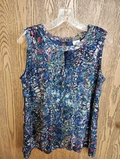 Women's Cabi Brand Sleeveless Tank Blouse Shirt Blue Multicolor Print Medium