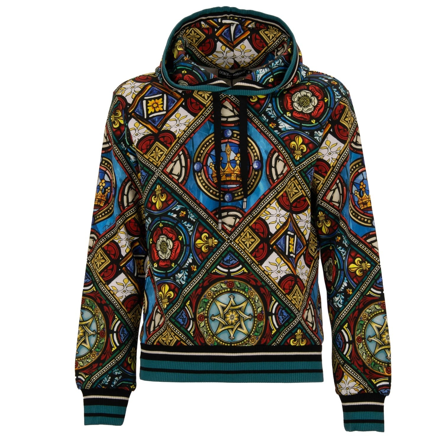 DOLCE & GABBANA Hoody Vitrage Royal Krone Jersey Coton Soie Baroque Bleu