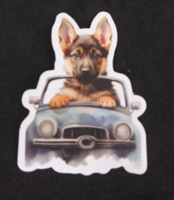 Adorable German Shephard Puppy Driving Car Sticker 2'' x 1.5'' (AD)