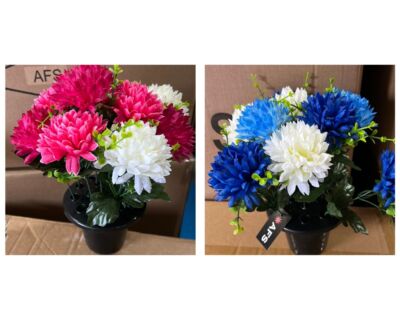 Künstliche Chrysanthemen Blume Gedenk Grab Topf - blau oder rosa - 10 cm hoch
