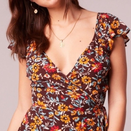 Band of the Free Brown Marigold Floral Print Mini Wrap Dress Smocked Ruffle XS - Picture 3 of 15