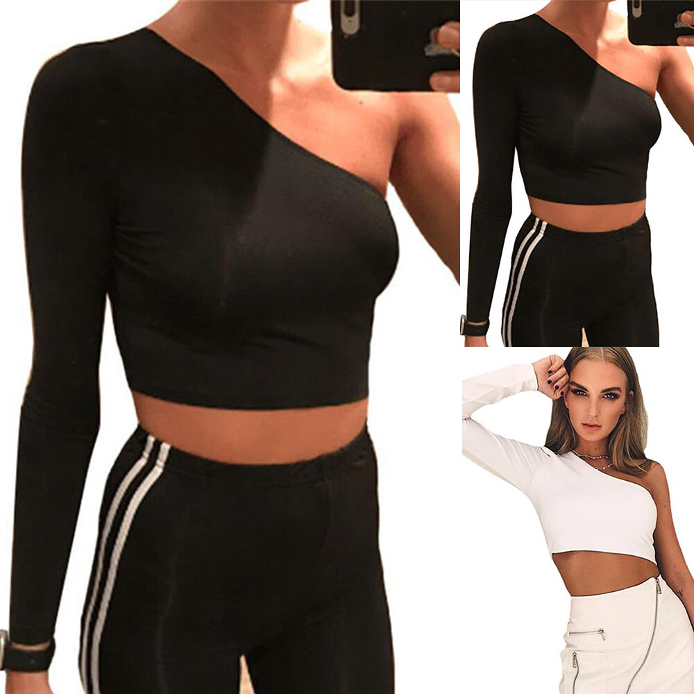 one shoulder black long sleeve top