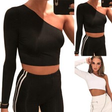Women One-shoulder Long Sleeve Crop Top Casual Slim T-Shirt Summer Casual Party
