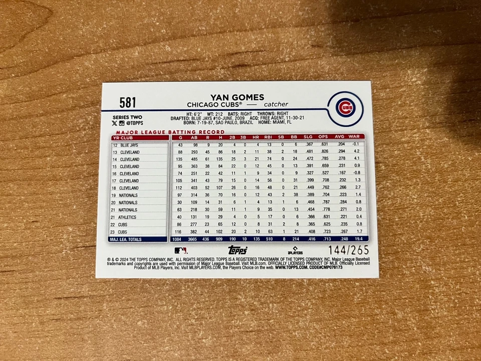 2024 Topps Complete Sets - Yan Gomes - #581 Foilboard Parallel /265 - Image 2 of 4