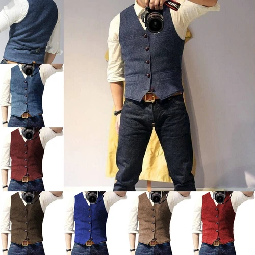 Mens Vest Herringbone Retro Vintage Tweed Waistcoat Lined Tailored Notch Lapel++ - Bild 2 von 31