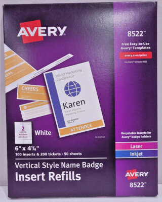 AVERY 8522 Vertical Style Name Badge Insert Refills 6 x 4 1/4'' White 100 Inserts
