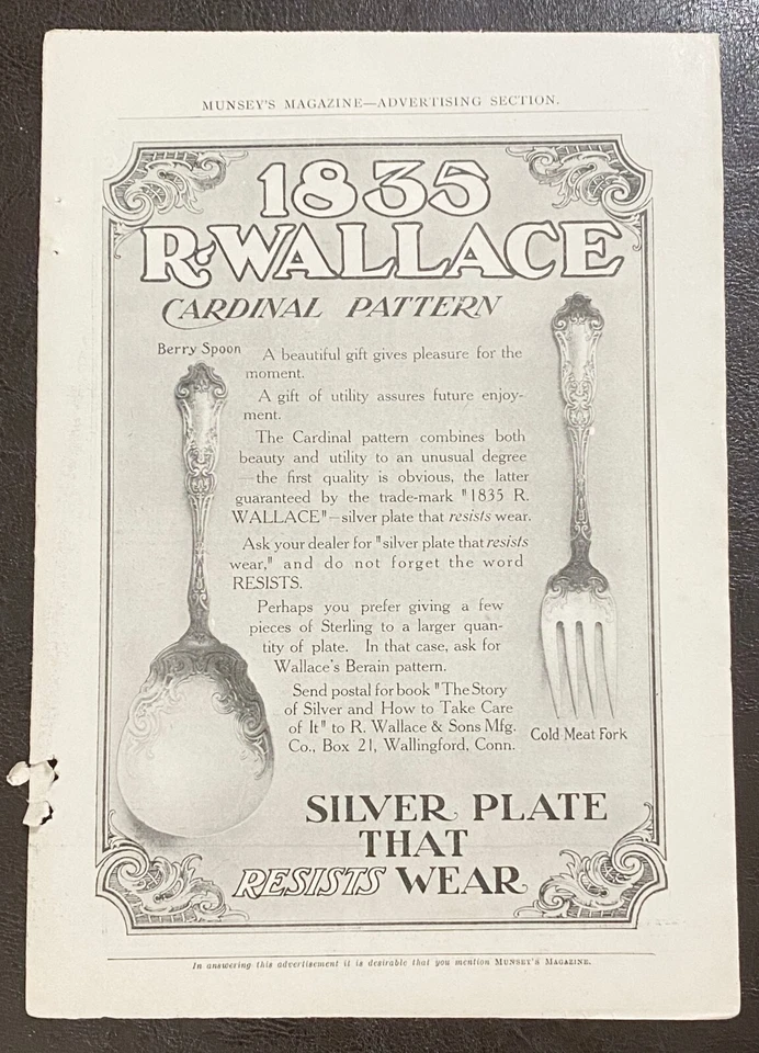 Cuchara de bayas y tenedor de carne con plato de plata patrón cardinal 1835 R. WALLACE 1907 anuncio impreso Foto 2 de 2