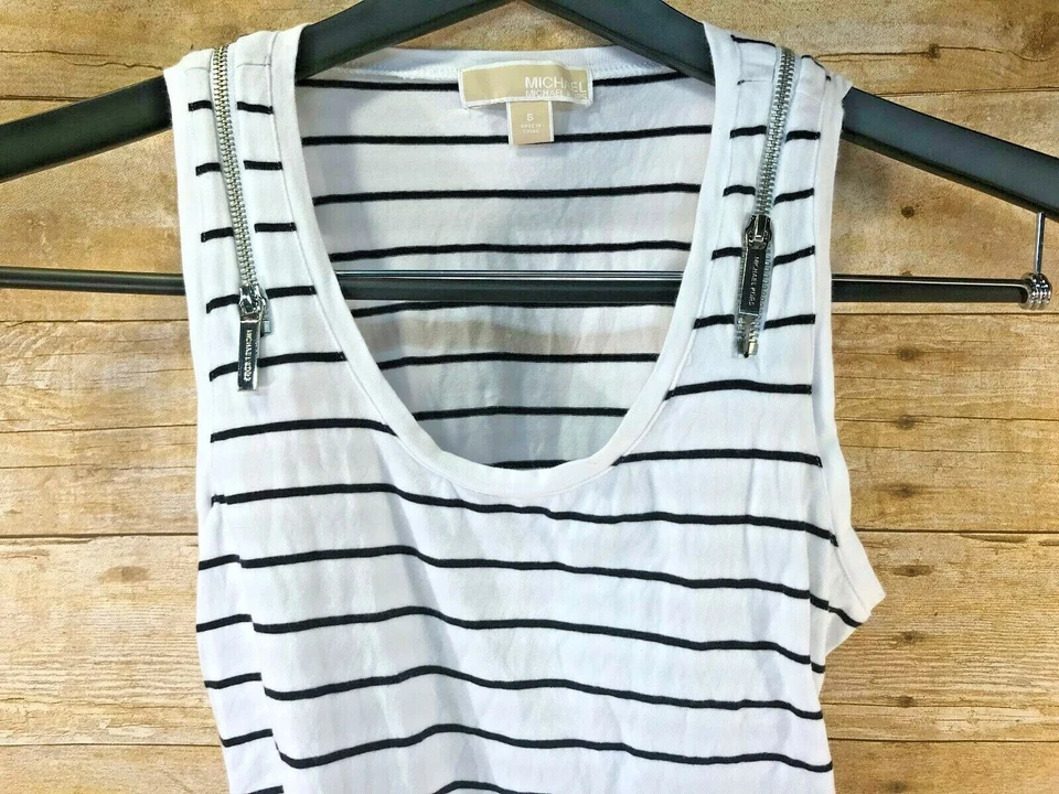MICHAEL KORS CAMISETA SIN MANGAS CREMALLERA PLATEADA BLANCA RAYAS NEGRAS Para mujer S 💗COMO NUEVA💗 Foto 2 de 4