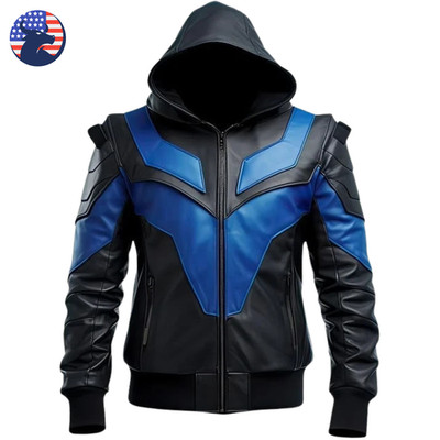Mortal Kombat Black and Blue Nightwing Costume Motorcycle Leather Jacket Hooded