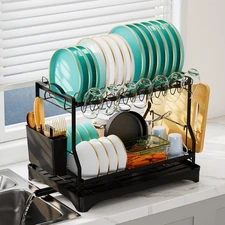 2-Tier Stainless Steel Dish Drying Rack Organizer with Utensil Cup Holder