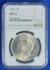1922 $1 Peace Dollar NGC MS 63