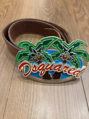 Dsquared2 Palm Tree Big Buckle Leather Belt Silver Logo Multi Color Oversized