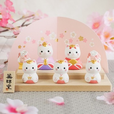 Japanese Cat Hina Dolls x5 Full Set Pottery Figurine Cherry Blossom Yakushigama
