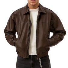 Men  s Genuine Leather Jacket Zip-Up Classic Bomber Casual Biker Coat Outerwear