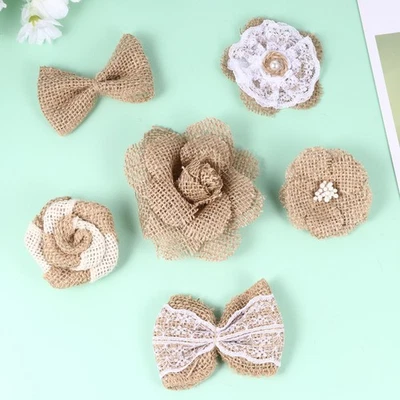 24 pcs Naturel Toile De Jute Fleurs Mini Lin Bowknot Ruban Dentelle Fleur - Photo 1/4