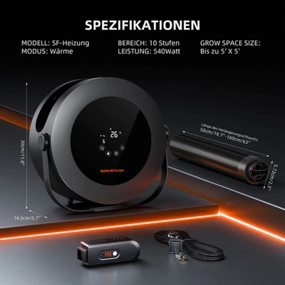 Riscaldatore per tenda da coltivazione Spider Farmer 540 W con controllo della temperatura, sensori giorno/notte e timer 24 H