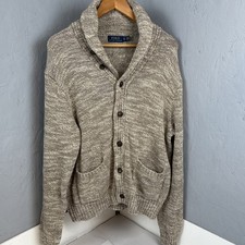 Polo Ralph Lauren Shawl Collar Cardigan Sweater Mens XL Chunky Knit Cotton Beige