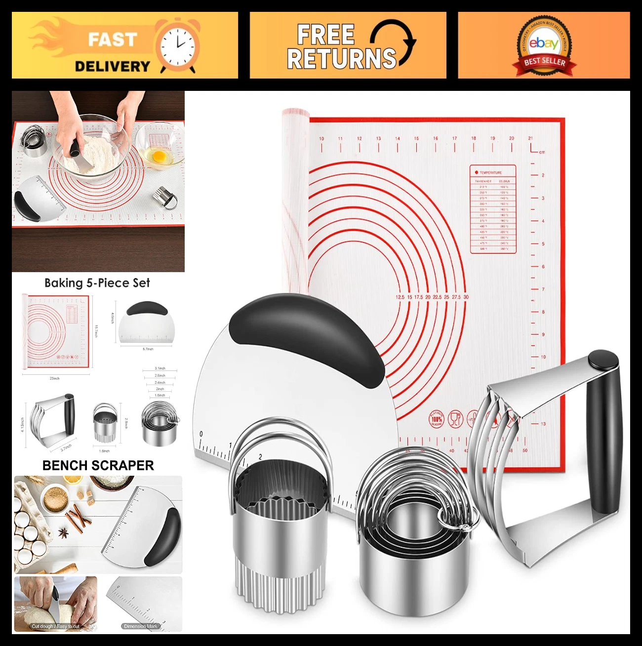 5-Piece Pastry Cutter Set - Silicone Baking Mats, Stainless Steel Dough Scraper