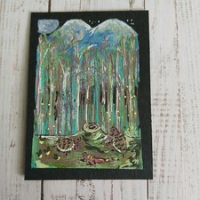 ACEO Original Lazy Mountain Night Turtles Enjoying Moon Light On A Log  Art