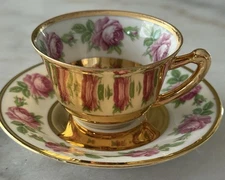 Limoges France Gold Overlay Demitasse Cup & Saucer – Roses, Vitrine Condition