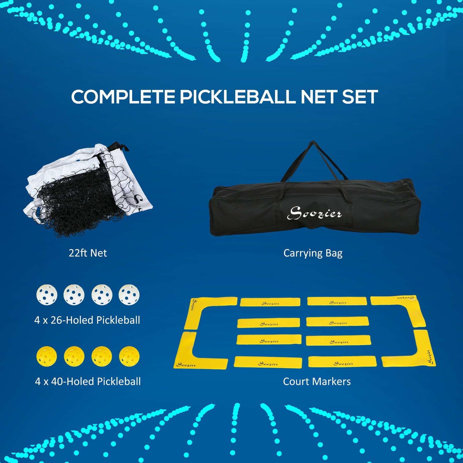 Soozier Pickleball Set with Net,Court Markers  Wheels22 ft.8 Pickleballs,1 Bag