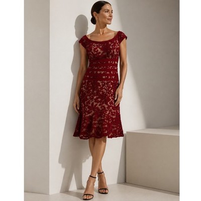 TADASHI SHOJI Dress Cocktail Red Lace Flounce Hem Midi Dress 2 embroidered  | eBay