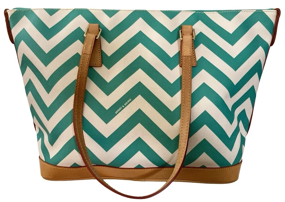 Dooney Bourke Turquoise White Chevron Coated & Vacchetta Leather Large Tote Bag - Image 2 of 4