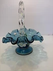 Fenton 9” Hand-Painted Blue Glass Basket Signed Uranium Glow