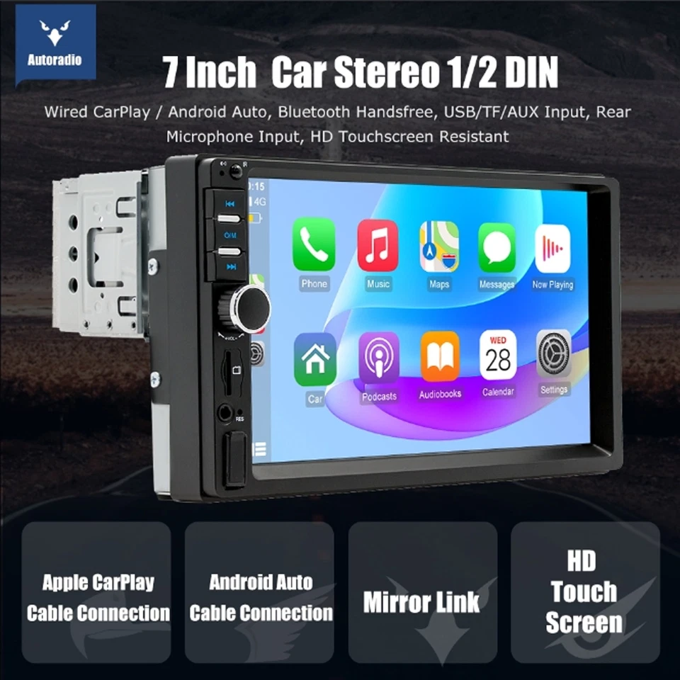1 Din 7"Car Stereo Radio Touch Screen Apple CarPlay Android Auto FM USB BT +CAM - Image 3 of 4