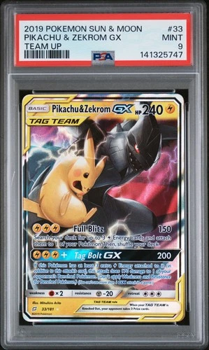 2019 POKEMON SUN & MOON TEAM UP #33 PIKACHU & ZEKROM GX PSA 9