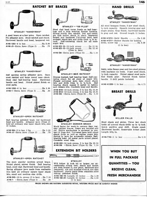 1958 Print Ad of Stanley Ratchet Bit Braces & Hand Drills Handyman, 100 Plus