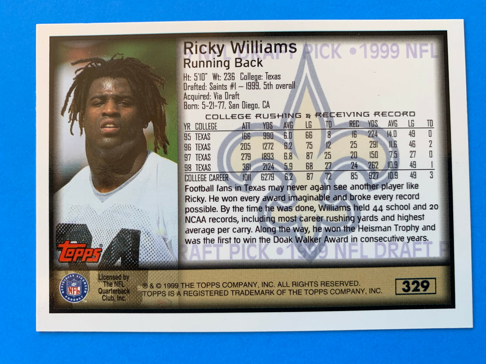 Ricky Williams Rookie Card 1999 Topps - 1999 NFL Draft Pick Ricky Williams #329 (RC) for sale ...
