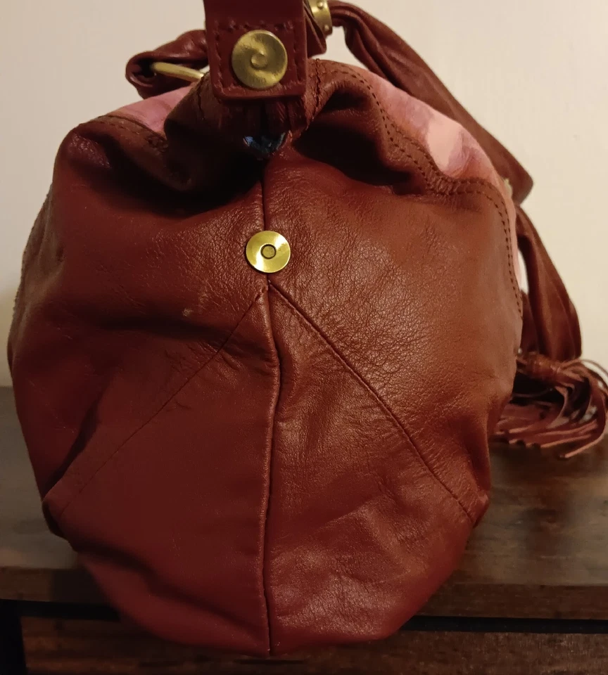 Sharif Burgundy Leather Pink Tie Dye Bamboo Hobo Shoulder Bag  - Image 4 of 4