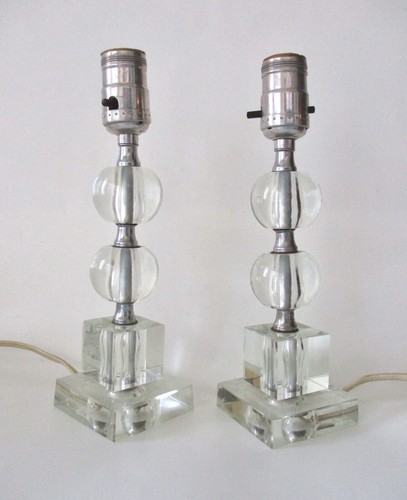 PR Vtg Art Deco Clear Glass Block Square Base Stacked Orbs Vanity Boudoir Lamps - Picture 2 of 8