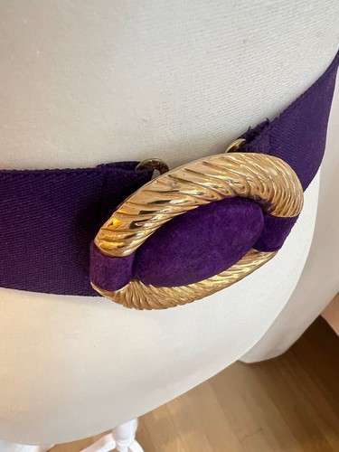 VTG Purple Gold Elastic Cinch Belt Suede Buckle S/M 80s Stretch Eggplant Caftan - Picture 5 of 9