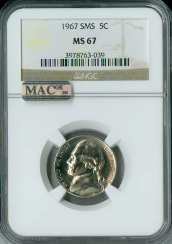 1967 JEFFERSON NICKEL NGC MS67 SMS PQ MAC SPOTLESS .