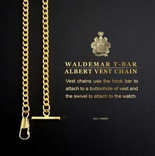 Men's Quality Albert Gold-Plated T-Bar 25" Pocket Watch Chain & Swivel FOB007