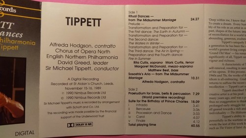 Tippett, Ritual Dances/Prince Charles Birthday Cassette Tape album (Nimbus 1990) - Picture 2 of 3