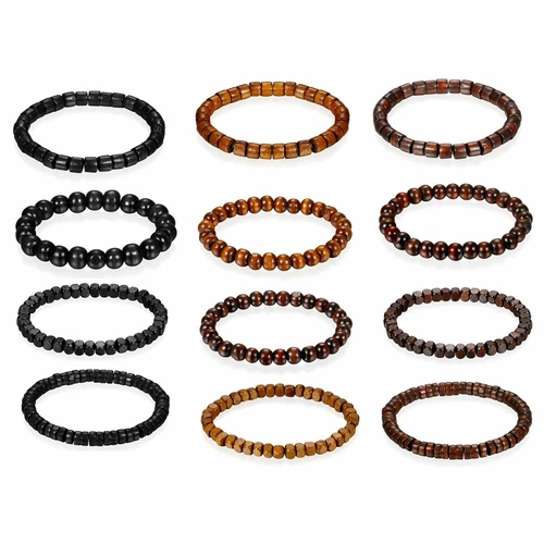 4-12PCS Set Wooden 8MM Beaded Bracelet Mala Elastic Bangle for Men and Women