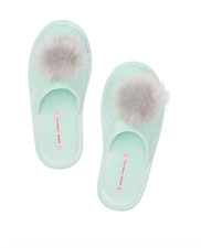 New Victoria s Secret Pom-pom Slippers Bedroom Shoes Slides Green Large