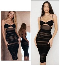 House of CB Black Ruched Mesh Bodycon Dress size L+