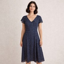 JG Hook Dress 6 Midi Navy Flutter Sleeve V-Neck Fit Flare Lined Tea Soft Drape