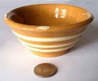 ANTIQUE MINIATURE YELLOW WARE MIXING BOWL-WHITE STRIPES 4 3/8" DIAM.-1 7/8" HGT. — photo 1