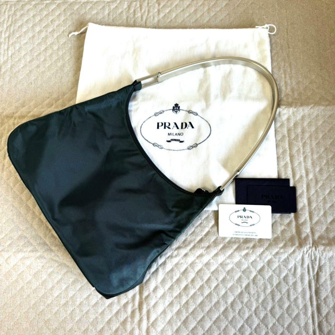 Excellent Condition PRADA Metal Handle One Shoulder Bag Dark Green Nylon Triangl thumbnail 2