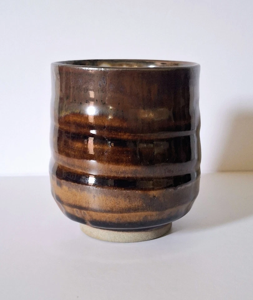 Japanese Studio Pottery Yunomi Tea Cup Brown Tenmoku Stoneware Ceramic Ribbed - Image 1 of 4